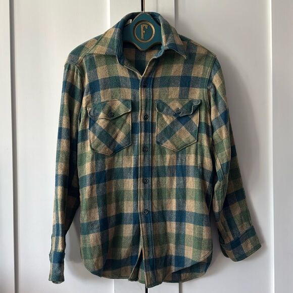 Vintage Woolrich Flannel Shirt Green Blue Tan Plaid Wool Hunting Outdoor - S - Picture 1 of 6